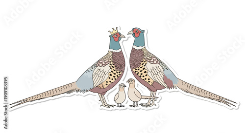 Pheasant Family Portrait With Tiny Chicks, A Royal Crown On Parent Bird