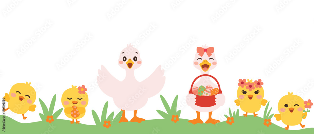 Obraz premium Spring Holiday Border with Adorable Birds and Easter Egg Basket Easter Bottom Border Design with Cute Animals on Green Grass Festive Easter Frame with Duck Chicks Flowers and Egg Basket