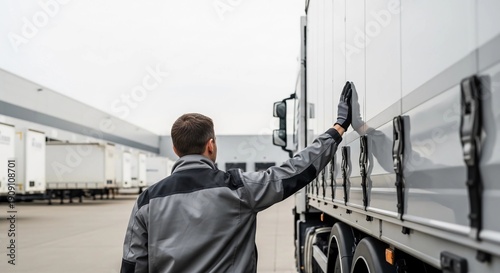 Logistics Driver Inspecting Cargo Truck Trailer in Shipping Yard