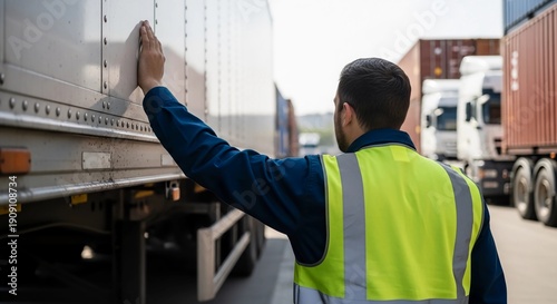 Logistics professional in reflective vest inspecting semi truck cargo trailer at industrial shipping yard for transportation supply chain management