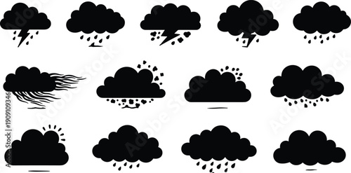 Weather Cloud Icons Set, Black Silhouette Storm, Rain, Thunder and Wind Forecast Symbols Collection Isolated on White Background Vector