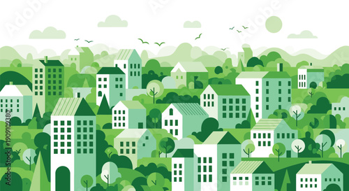 Charming seamless pattern of houses and green rolling hills signifies ecological urban living