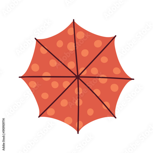 Single open red umbrella with a playful white polka dot pattern viewed from above. Classic accessory for rainy weather designs and vintage-style graphic projects.