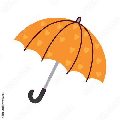 Bright yellow child's umbrella with tiny red hearts opens to cheer up a rainy day. Small protective accessory for school walks or playing safely in puddles on a spring afternoon.