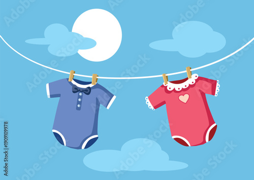 Baby Girl and Baby Boy Clothes Drying on Rope Illustration. Drawing of twin newborns Clothes Hanging on a Line 
