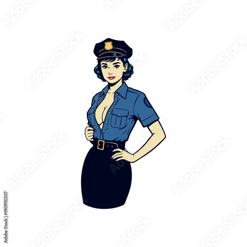 retro illustration of beauty pinup girl police woman posing