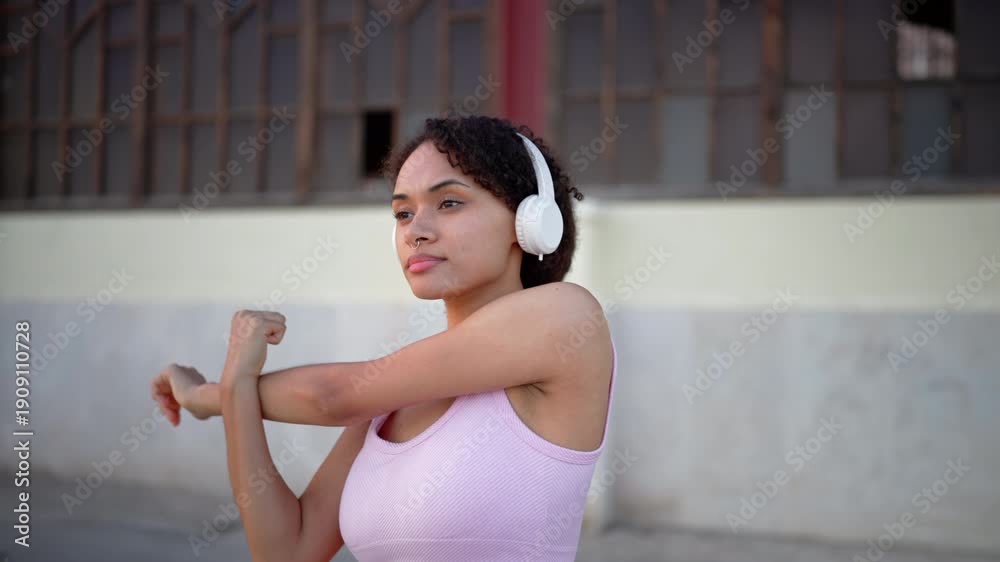 custom made wallpaper toronto digitalFocused young woman stretches arms before workout while listening to music outdoors, soft evening light and urban background, calm fitness routine, body balance and motivation