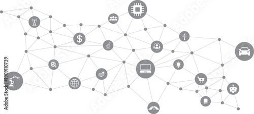 Digitalization network connection. Enterprise IoT, Smart factory, Industry 5.0. Industrial automation / robotics, big data, production or manufacturing.