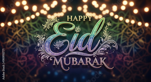 Dazzling Eid Mubarak Wishes with Shimmering Ornate Lettering and Festive Illuminated Garland Background