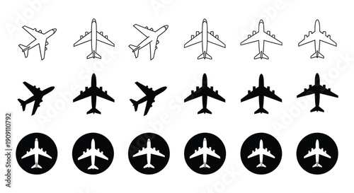 Collection of stylized airplane icons showing different views and silhouettes for travel design concepts
