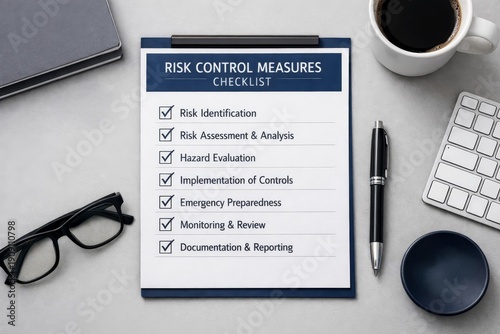 A checklist titled risk control measures is placed on a desk with a cup of coffee a pen glasses and a keyboard nearby
