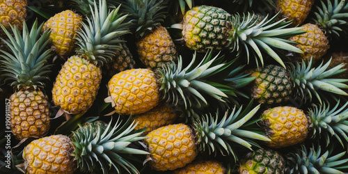 A vibrant overhead view showcases a collection of ripe pineapples with green leaves