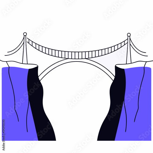 A minimalist vector graphic illustration of a suspension bridge spanning a deep gorge with steep cliffs