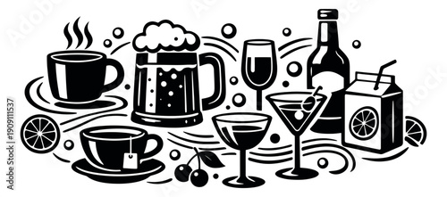 Stylized beverages set featuring coffee, tea, beer, wine, and cocktails for menus and events