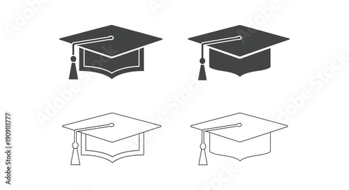 Collection of four stylized academic graduation mortarboard icons showing solid and outline variations