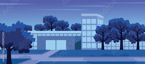 Modern Campus Building at Night with Flat Design Trees. City night building. Night building architecture. Night park.