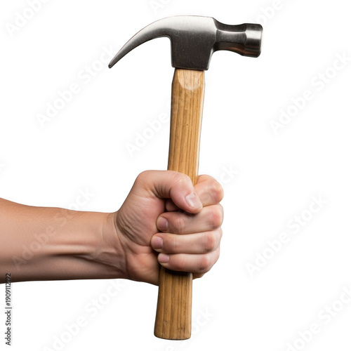 Person holding a hammer with a wooden handle and metal head isolated on transparent background