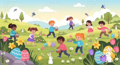 Children celebrate easter with colorful eggs and bunny in a vibrant spring landscape with flowers