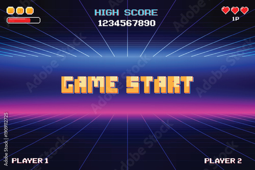 GAME START. pixel art 8-bit. retro game. for game assets in vector illustrations. arcade gaming.