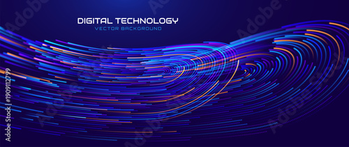 Big Data Technology Flow Background with Neural Network Particles and Digital Stream Lines. Futuristic Data Science Concept. Tech Business Presentation or Annual Report Template. Vector Illustration.
