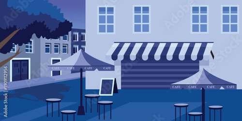 Quiet Evening at a European Cafe Terrace Illustration. Night cafe. Closed cafe house. Coffee house store at night.