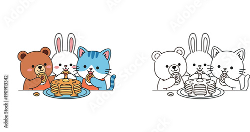 Cute bear rabbit and cat eating pancakes together vector illustration with coloring page outline.