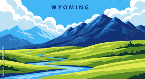 Wyoming Landscape Illustration - Vector Art of Majestic Mountains, Rolling Hills, and Winding River under a Blue Sky