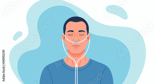 Medical illustration of a man receiving oxygen therapy via nasal cannula vector graphic