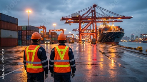 Two observant port workers in orange safety vests oversee the busy operations of a cargo terminal and large container ship at atmospheric dusk.