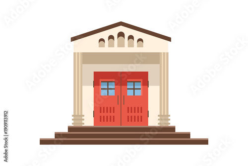 Flat Design Facade Building with stairs. Minimal Home Front Door. House Facade Entrance. Home Entrance with Stairs