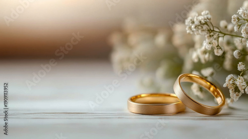 gold ring on white table on wedding backgound with copy space
