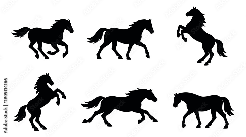 Obraz premium Modern silhouette horse set featuring running, trotting, and rearing poses for equestrian design