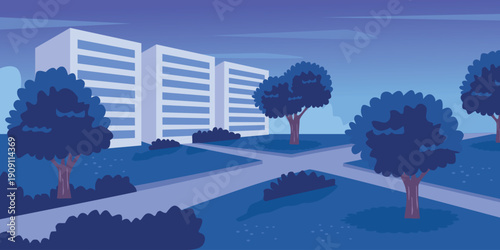 Quiet Evening in a Flat Design Urban Park with Apartment Buildings. Night city park. Midnight park.