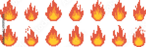 Pixel art fire flame animation frames set, retro 8 bit game style burning effects icons isolated on white background for game design
