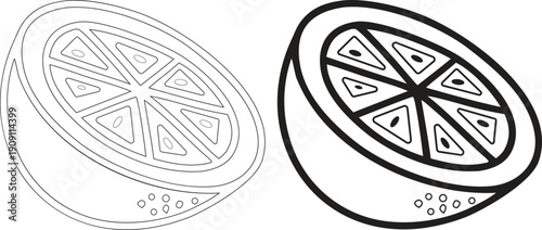 Black and white outline of a citrus fruit slice with seeds monochrome