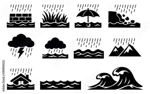 Glyph weather and natural disaster icon set featuring rain, flood, tsunami, and landslide for infographics and warning systems