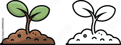Sprouting plant illustration set, colored and outline versions with soil base, growth and nature concept, educational artwork, flat vector design collection