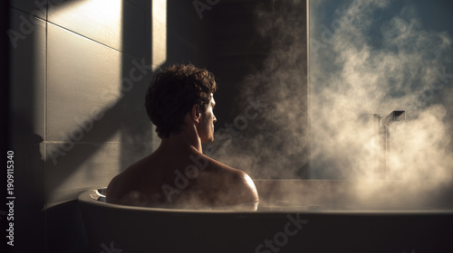 A man is sitting in a bathtub with steam coming out of it