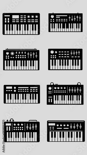 Set of Black Synthesizer Icons: Electronic Music Instruments Collection