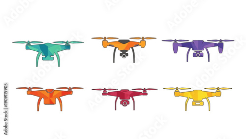 Set of Six Colorful Drones Flying, Top View, Isolated on White Background