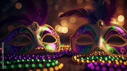 Two festive Mardi Gras masks with feathers and colorful beads on a dark background. Carnival celebration and party decoration.