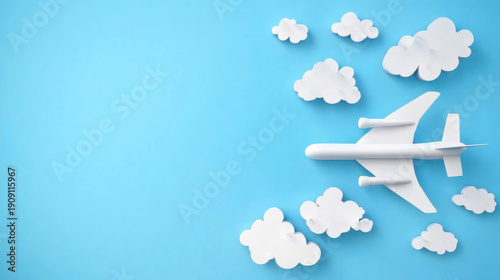 Flat lay design of travel concept with plane and cloud on blue background with copy space