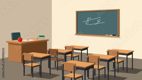 Empty Classroom with Desks, Chairs, and Chalkboard - Back to School Concept