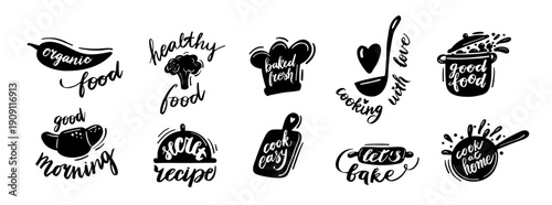 A set of hand-lettered culinary phrases and minimalist kitchen silhouettes. The collection features black ink doodles of food items, utensils, and motivational cooking quotes in a rustic style
