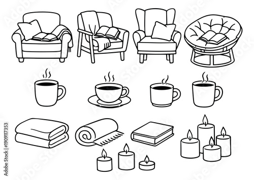 Hand drawn line art comfort items set featuring armchairs, hot drinks, blankets, books and candles for home relaxation