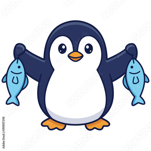 Cute Penguin Fishing Vector – Cartoon Angler/Fisher Penguin with Fish Illustration