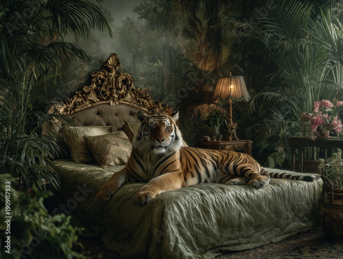 Surreal photorealistic scene of a large majestic tiger relaxing on a bed in a leafy, royal, dark, jungle-themed bedroom