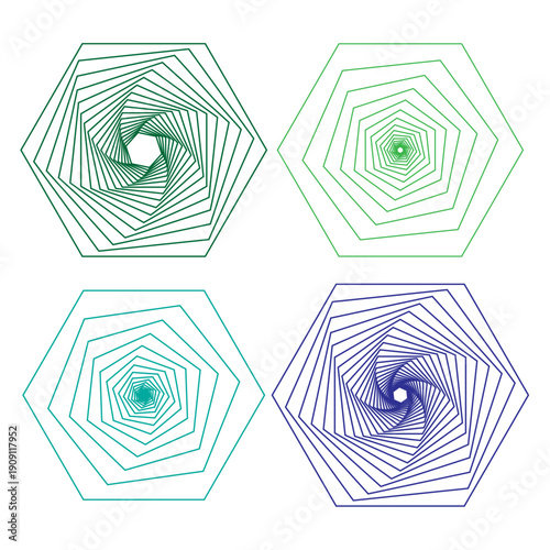 Hypnotic hexagon patterns. Tunnel line Vector art. Six sided spirals. Abstract geometric shapes.