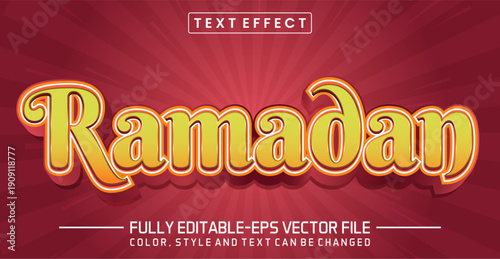 Ramadan Kareem 3D Editable Text Effect with Yellow and Orange Gradient on Red Sunburst Background