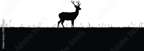 Deer Silhouette Standing on Grassy Hill Isolated on White